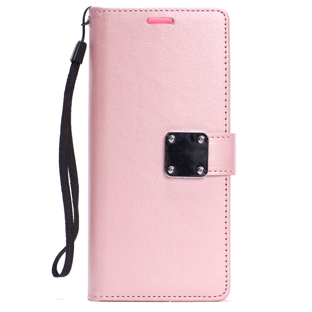 iPHONE SE 2020 / 8 / 7 Multi Pockets Folio Flip Leather Wallet Case with Strap (Rose Gold)